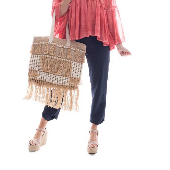 Platinum Τσάντα Ώμου Mπέζ - Εκρού Γυναικεία Και Παραλίας Βαμβακερή Ψάθινη Με Κρόσσια- 1843-BZ - Image 3