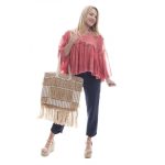 Platinum Τσάντα Ώμου Mπέζ - Εκρού Γυναικεία Και Παραλίας Βαμβακερή Ψάθινη Με Κρόσσια- 1843-BZ