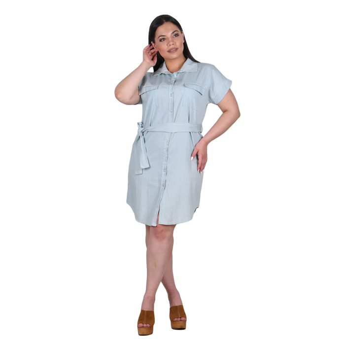 Platinum Φόρεμα Γαλάζιο Γυναικείο Jean Casual Κοντό Κοντομάνικο Με Κουμπιά Free Size - 5964