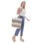 Platinum Γυναικεία Μπλέ - Εκρού Tσάντα Ώμου Και Παραλίας Ψάθινη Βαμβακερή All Day - 915-TS