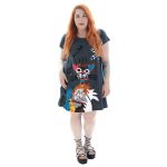 Platinum Φόρεμα Γκρι Γυναικείο Kοντομάνικο Casual Απλικέ ''Πολύχρωμη Γάτα'' - 72158-1