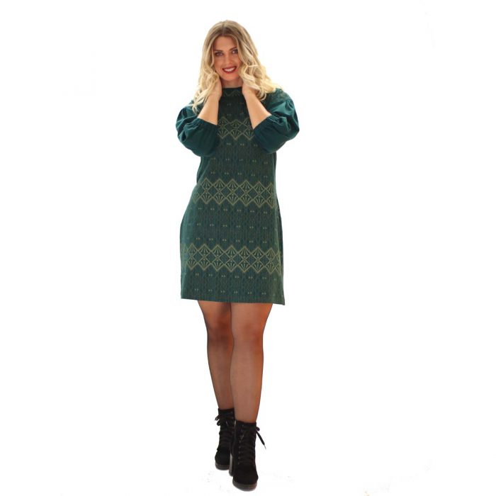 Platinum Φόρεμα Πράσινο Γυναικείο Κοντό Με Γεωμετρικά Tρουακάρ Μανίκι All Day - 2045-PR - Image 4