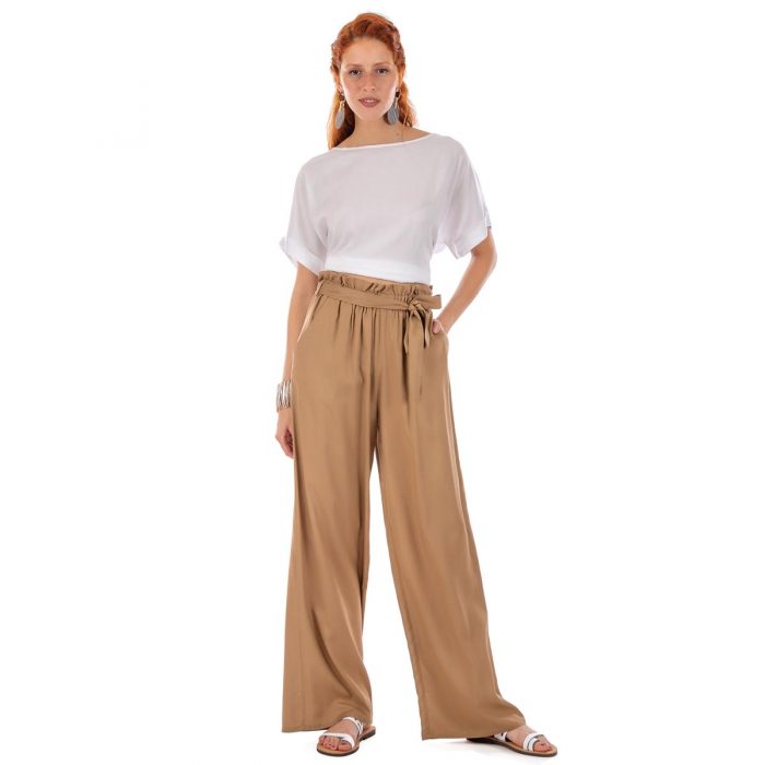 Platinum Παντελόνα Mπέζ Γυναικεία Καλοκαιρινή Φαρδιά Με Ζώνη All Day Free Size - 12095-k
