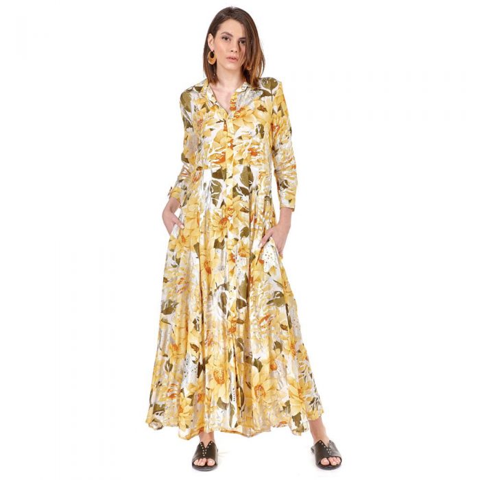 Platinum Maxi Κίτρινο Klos Floral Print Φόρεμα - INDX70-RPTG