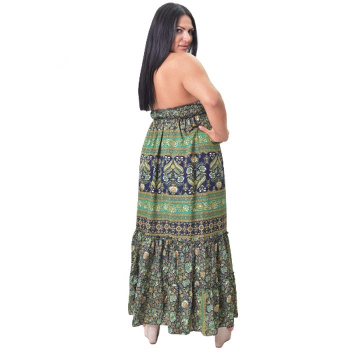 Platinum Ampir Πράσινο Με Μπλέ Εξώπλατο Bohemian Floral Φόρεμα - 21-175-GXL