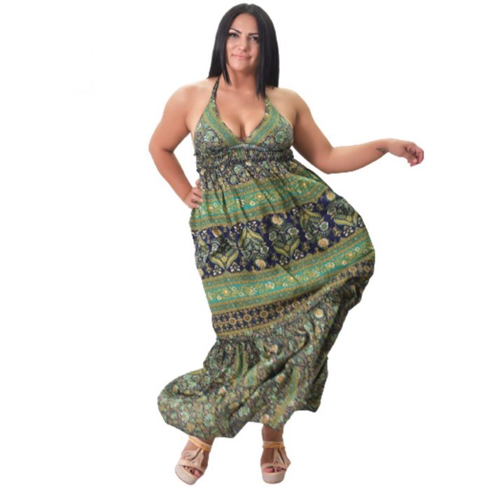 Platinum Ampir Πράσινο Με Μπλέ Εξώπλατο Bohemian Floral Φόρεμα - 21-175-GXL