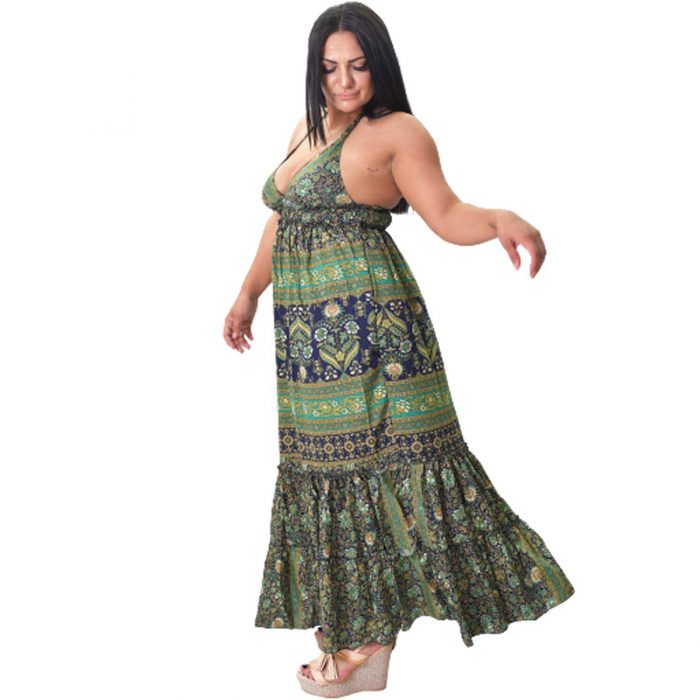 Platinum Ampir Πράσινο Με Μπλέ Εξώπλατο Bohemian Floral Φόρεμα - 21-175-GXL