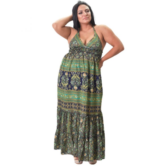 Platinum Ampir Πράσινο Με Μπλέ Εξώπλατο Bohemian Floral Φόρεμα - 21-175-GXL