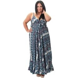 Platinum Ampir Μπλέ - Αqua Εξώπλατο Bohemian Φόρεμα ''Flowers Print'' - 20192-BXL