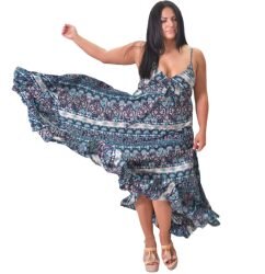 Platinum Ampir Μπλέ - Αqua Εξώπλατο Bohemian Φόρεμα ''Flowers Print'' - 20192-BXL