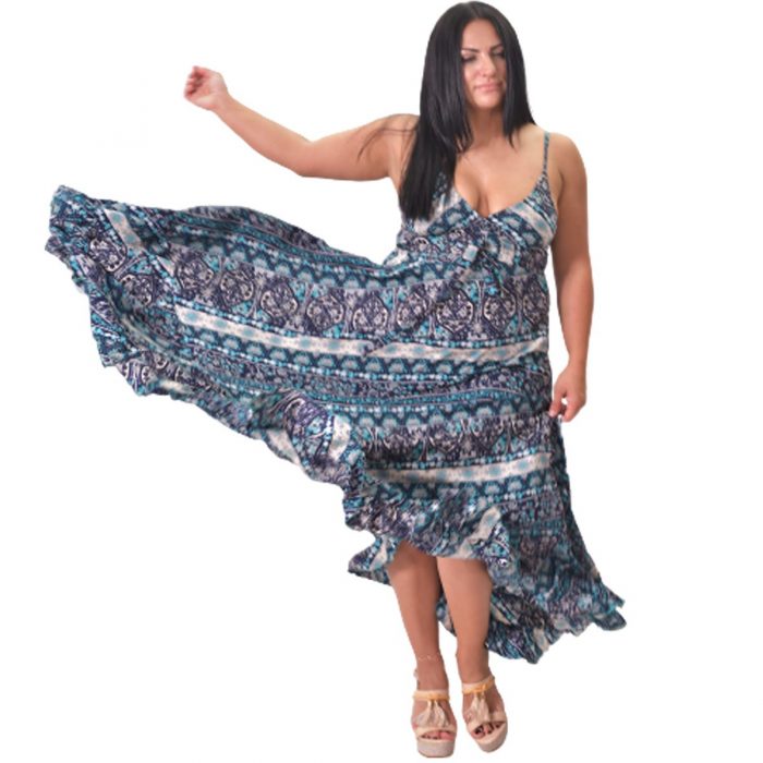 Platinum Ampir Μπλέ - Αqua Εξώπλατο Bohemian Φόρεμα ''Flowers Print'' - 20192-BXL