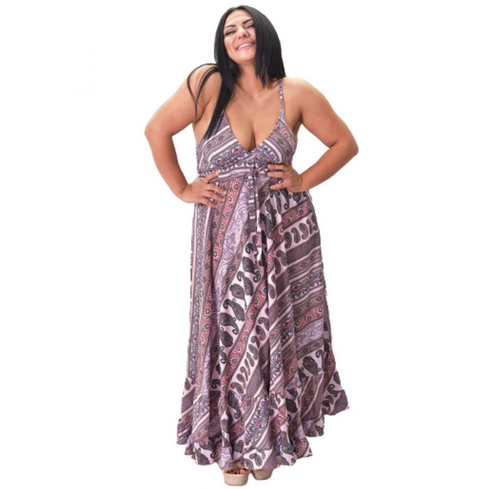 Platinum Ampir Ρόζ - Μώβ Εξώπλατο Bohemian Φόρεμα Με Λαχούρια - 20192-PXL