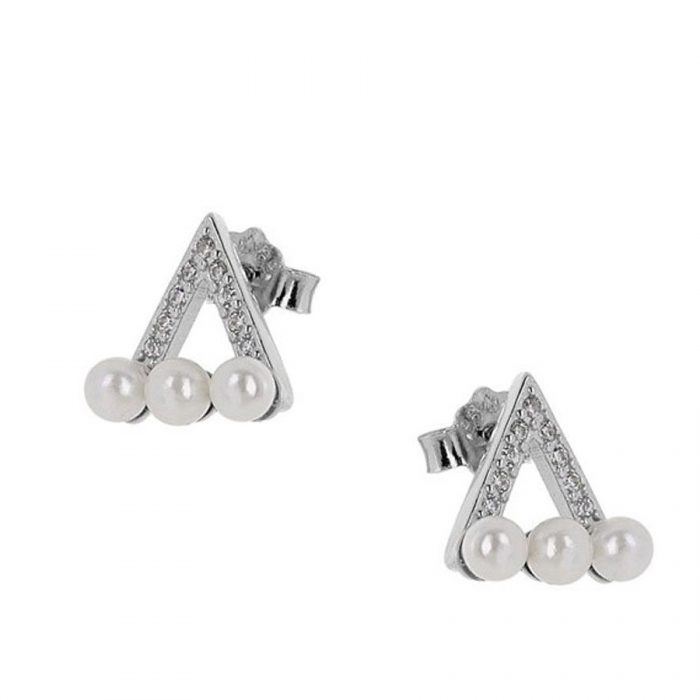 Ασημένια 925’ Καρφωτά Σκουλαρίκια ''Tρίγωνο Πέρλες Mε Ζιργκόν''- 9A-SC119-1