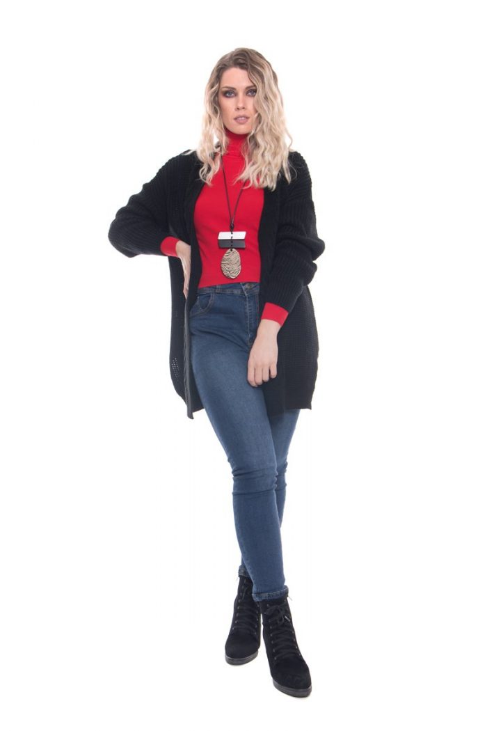 Platinum Μακριά Πλεκτή Μαύρη Ζακέτα Με Κοτσίδες - IT-2108-Β