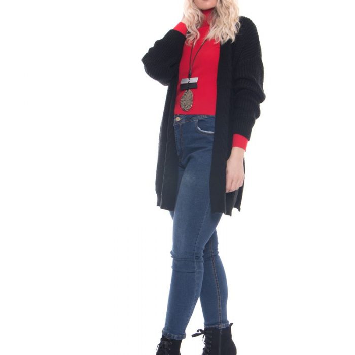 Platinum Μακριά Πλεκτή Μαύρη Ζακέτα Με Κοτσίδες - IT-2108-Β