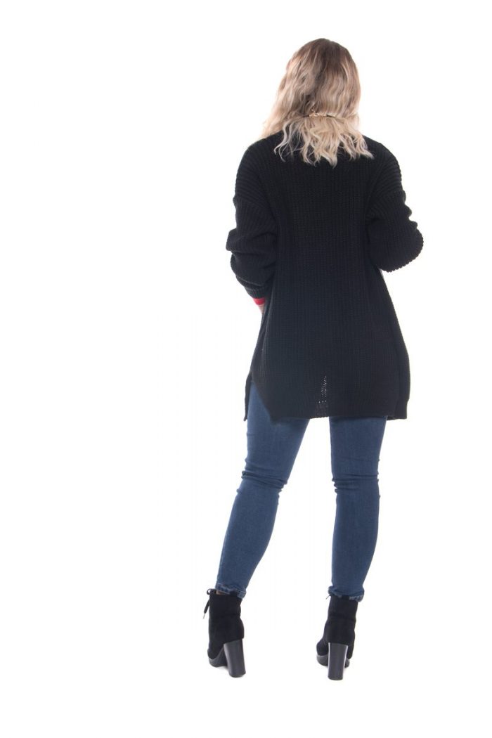 Platinum Μακριά Πλεκτή Μαύρη Ζακέτα Με Κοτσίδες - IT-2108-Β