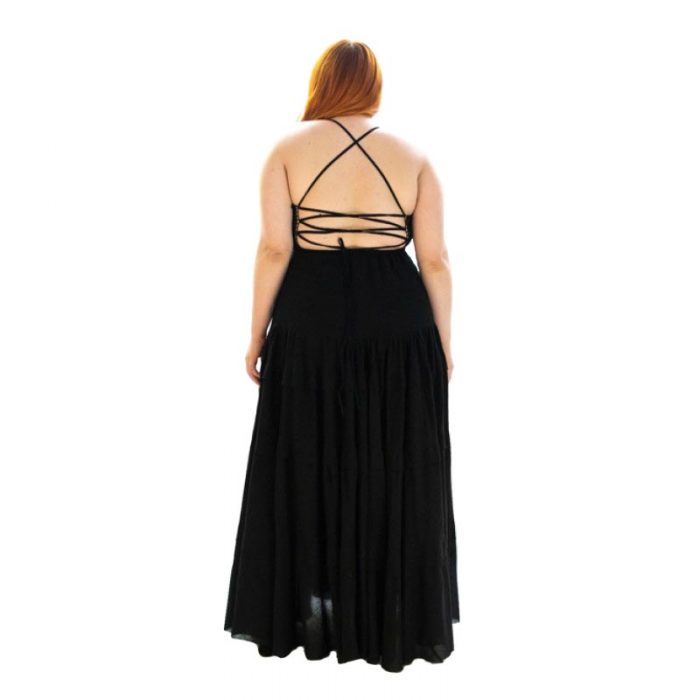 Platinum Μaxi Mαύρο Ampir Tσιγγάνικο Εξώπλατο Φόρεμα "Βολάν'' -62116-BXL