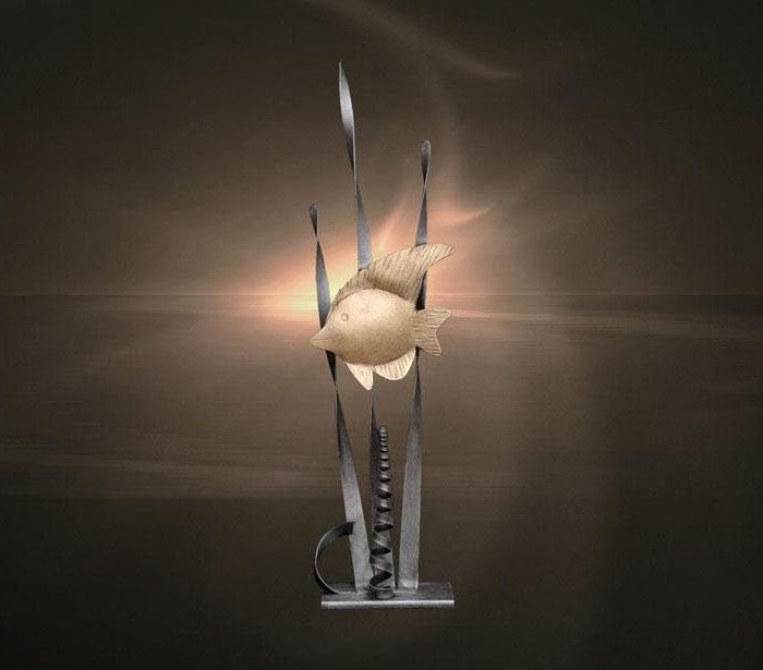 Xειροποίητο Mεταλλικό Διακοσμητικό Κηροπήγιο Με Ψάρι Σε Χρυσό Και Ασημί Χρώμα 16 x 40 cm - 567