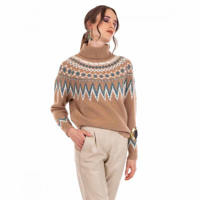 Platinum Πουλόβερ Καφέ Με Ζακαρ Σχέδια Γυναικείο Ζιβάγκο Νεανικό Casual All Day Free Size - IT-1116 - Image 3