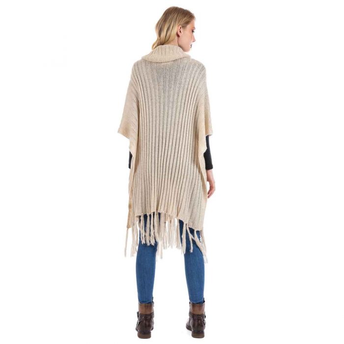 Platinum Πόντσο  Εκρού Γυναικείο Πλεκτό Μακρύ Με Κρόσσια Νεανικό All Day - ITX-9906 - Image 3