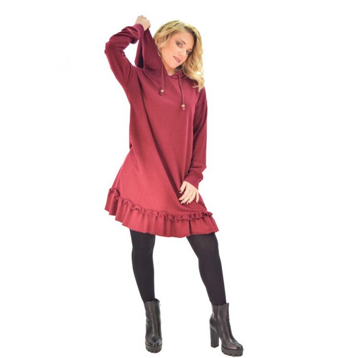Platinum Φόρεμα Μπορντό Γυναικείο Με Κουκούλα Νεανικό Casual All Day - 1042-wp - Image 3