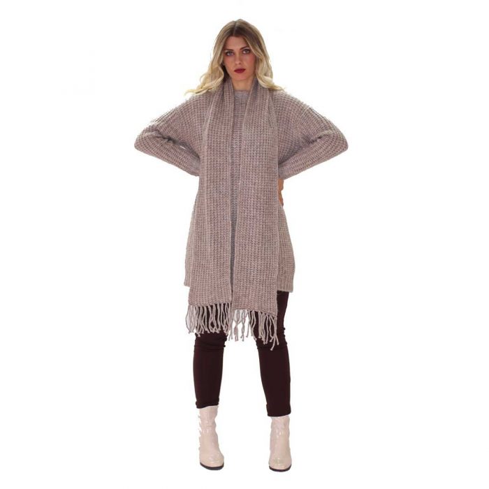 ITX-10-BZc Platinum Πουλόβερ Μπεζ Γυναικείο Μακρύ Σετ Με Κασκόλ Casual Free Size - ITX-10-BZ - Image 4