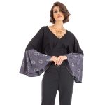 Platinum Μπλούζα Top Μαύρη Γυναικεία Ανοιξιάτικη Kρουαζέ Με Floral Βολάν All Day - 2018-WB