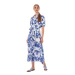 Platinum Φόρεμα Λευκό Με Μπλε Floral Γυναικείο Κοντομάνικο Με Κουμπιά Και Ζώνη - 22315-RA