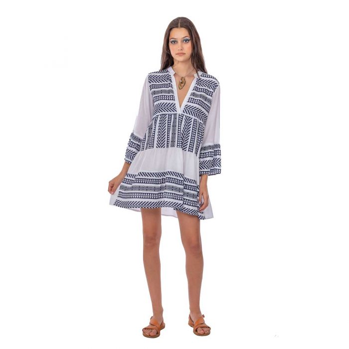 Platinum Καφτάνι - Πουκαμίσα Λευκό Γυναικείο Klos Με Μπλε Αρχαιοελληνικά Σχέδια All Day - 12108-A