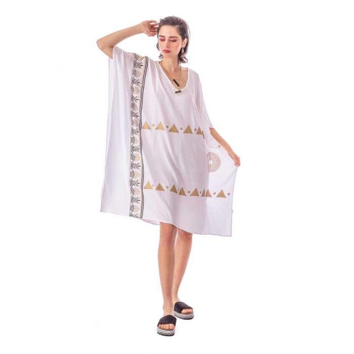 Platinum Καφτάνι Λευκό Γυναικείο Με Αρχαιοελληνικό Motivo Ντεκολτέ Midi All Day Free Size -12366