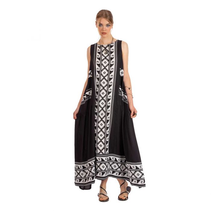 Platinum Φόρεμα Μαύρο Με Λευκό Γυναικείο Klos Εβαζέ Αμάνικο Αρχαιοελληνικό - NA-12395-BX