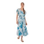 Platinum Φόρεμα Λευκό Με Τυρκουαζ Floral Γυναικείο Midi Kρουαζέ Κοντομάνικο Με Βολάν - 22317