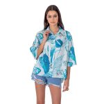 Platinum Πουκάμισο Τυρκουάζ Με Λευκό Γυναικείο Floral Ασύμμετρο Με Μανίκι 3/4 All Day - 22321