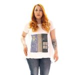 Platinum Μπλούζα Λευκή Γυναικεία Κοντομάνικη Ασύμμετρη ''Απλικέ Blue Jean'' All Day - 72153-WXL