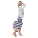 Platinum Τσάντα Χειρός Μπλέ - Μπεζ Με Ριγέ Γυναικεία Καλοκαιρινή All Day  - 817-8