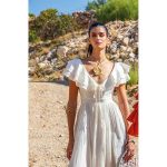 Platinum Φόρεμα Εκρού Γυναικείο Ρομαντικό Μaxi Εξώπλατο Μεσάτο Με Ντεκολτέ Βολάν Free Size - SAR-62305-EK - Image 2