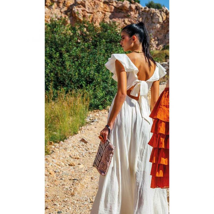 Platinum Φόρεμα Εκρού Γυναικείο Ρομαντικό Μaxi Εξώπλατο Μεσάτο Με Ντεκολτέ Βολάν Free Size - SAR-62305-EK - Image 3