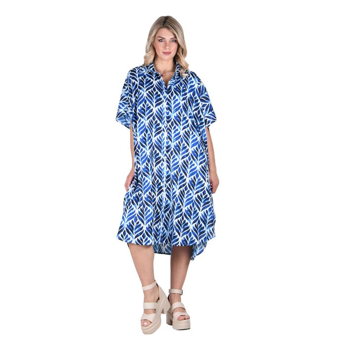 Platinum Φόρεμα - Καφτάνι Γαλάζιο Γυναικείο Midi Boho Print Με Γιακά Και Κουμπιά Free Size - 42309-22