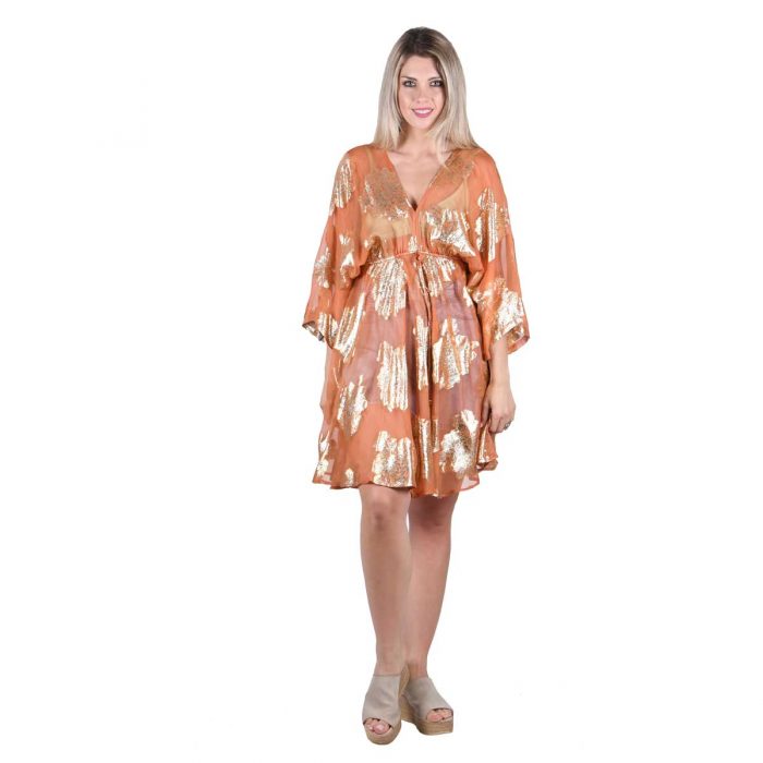 Platinum Καφτάνι Terracotta Γυναικείο Νεανικό Ampir Κοντό Με Ντεκολτέ Και Χρυσά Σχέδια - 423133-TR - Image 3