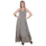 Platinum Φόρεμα Μπεζ Με Μαύρα Σχέδια Γυναικείο Boho Μακρύ Εξώπλατο Μεταξωτό All Day Free Size - 423138-BC