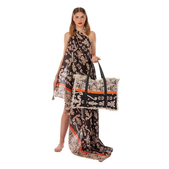 Platinum Παρεό - Μαντήλι Μαύρο Με Μπεζ Σχέδια Γυναικείο Free Size - 423159 - Image 3