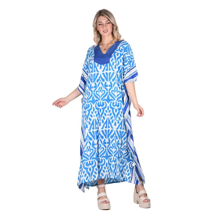 Platinum Καφτάνι Γαλάζιο Με Animal Print Γυναικείο Μακρύ Με Ντεκολτέ All Day Free Size - 42323-G - Image 5