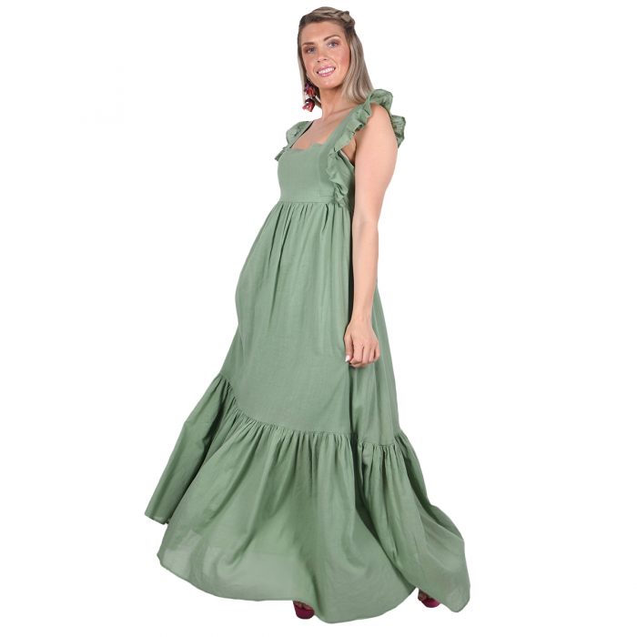 Platinum Φόρεμα Πράσινο Γυναικείο Αμάνικο Maxi Εξώπλατο Με Σούρα All Day Free Size - 62204-PR - Image 3