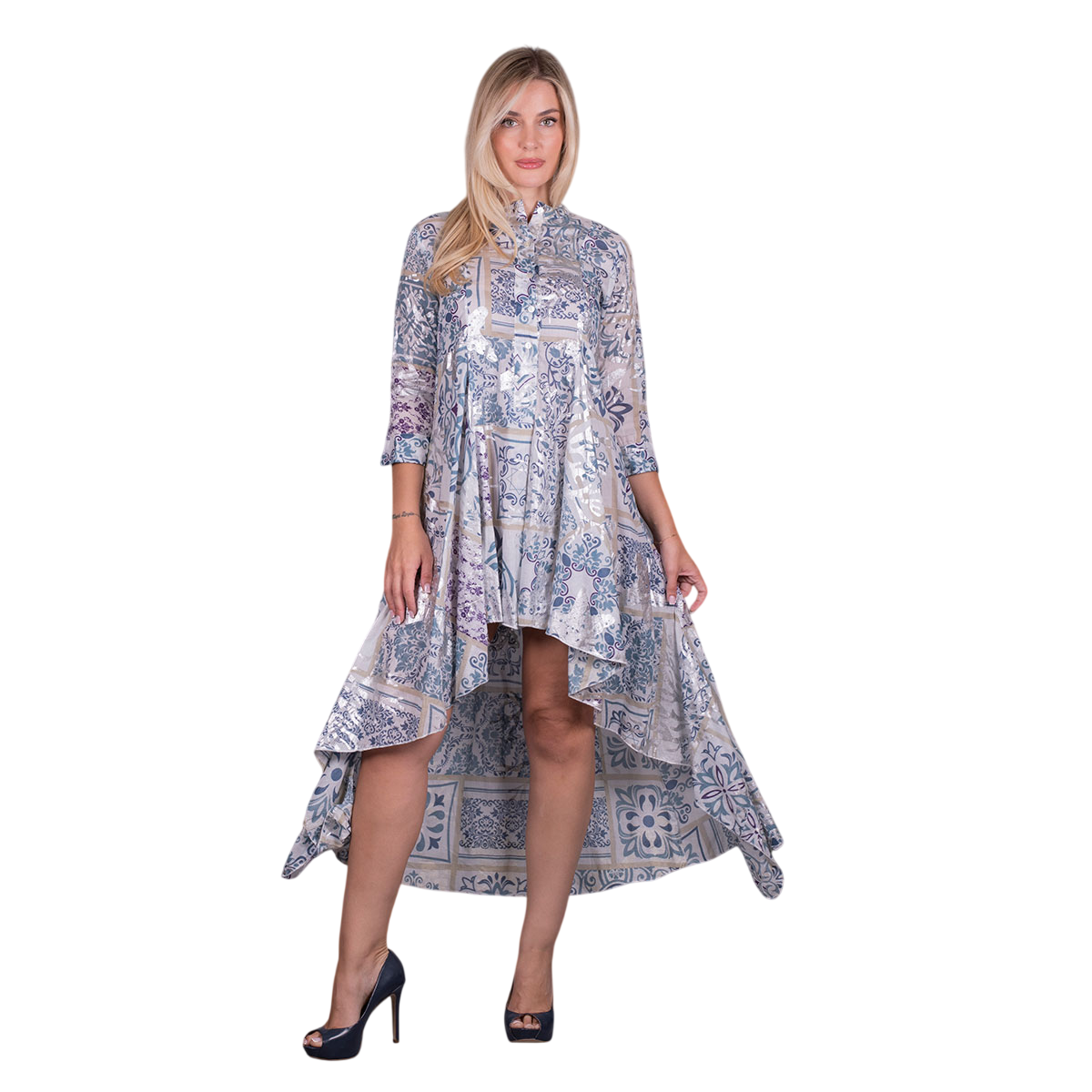 Platinum Φόρεμα Γκρι Γυναικείο Με Boho Παλ Print Ασύμμετρο Klos All Day - ΙNDX-40-RPTG