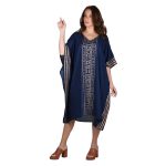 Platinum Καφτάνι Μπλε Με Χρυσό Γυναικείο Midi Αρχαιοελληνικό Αέρινο Κοντομάνικο Free Size -12331-BL