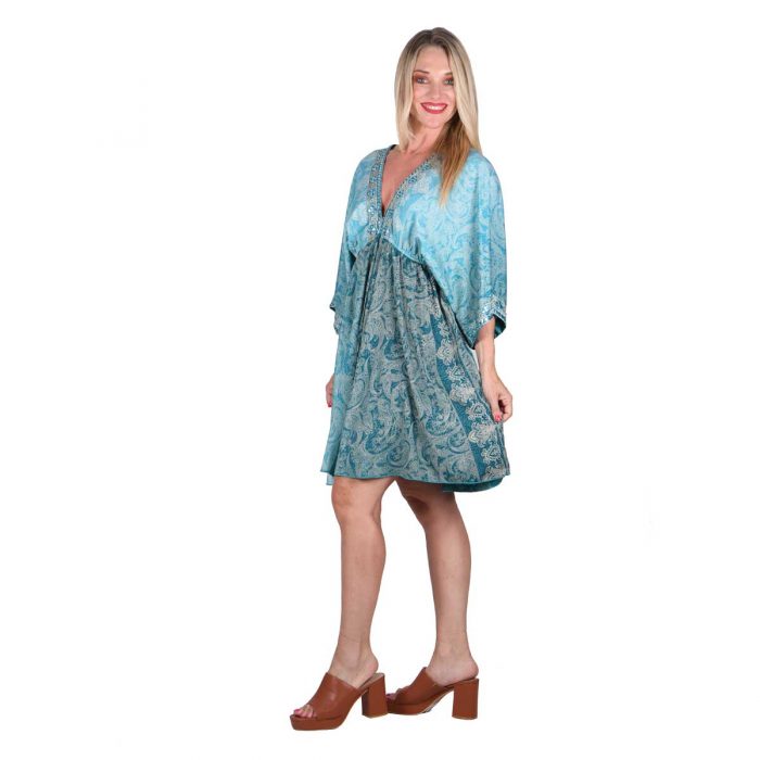 Platinum Φόρεμα Τυρκουάζ Γυναικείο Ethnic Κοντό Με Λαχούρια All Day - 423110 - Image 2