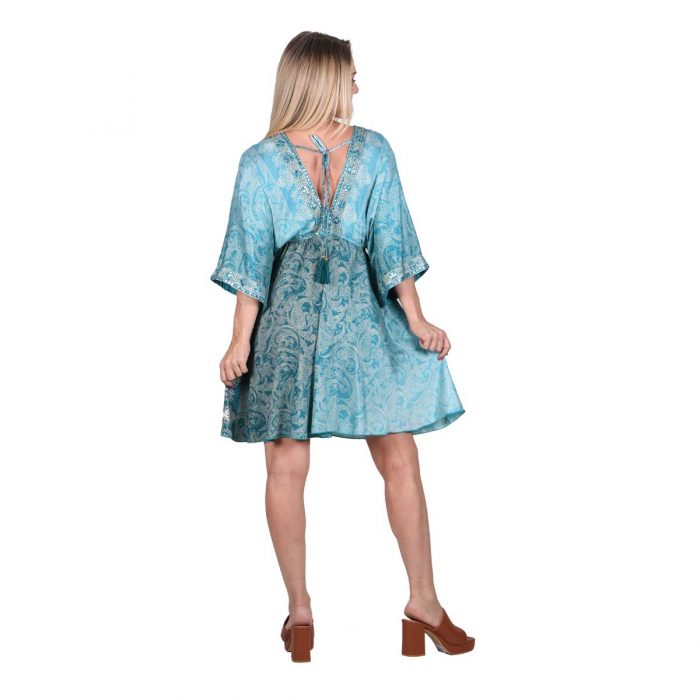 Platinum Φόρεμα Τυρκουάζ Γυναικείο Ethnic Κοντό Με Λαχούρια All Day - 423110 - Image 3