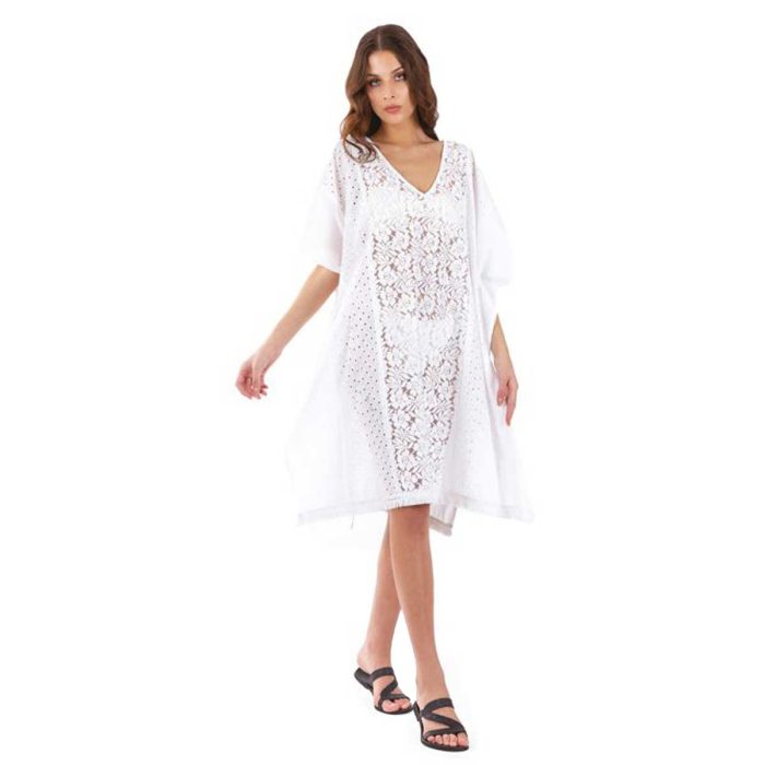 Platinum Καφτάνι Λευκό Γυναικείο Κοντομάνικο Με Κιπούρ Δαντέλα Κοντό Eβαζέ - 4233-K - Image 4