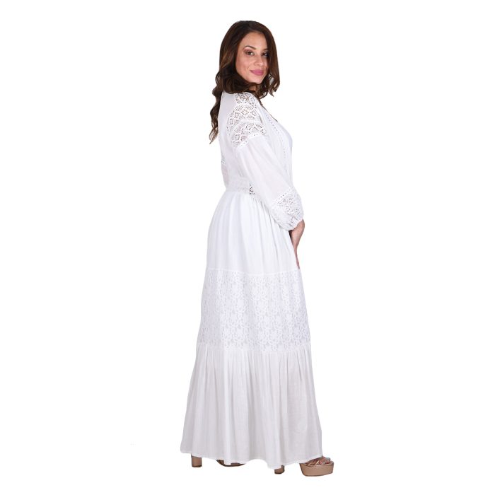 Platinum Φόρεμα - Κιμονό Λευκό Γυναικείο Maxi Με Κιπούρ Δαντέλα & Κουμπιά All Day - SAR-62002-W - Image 3