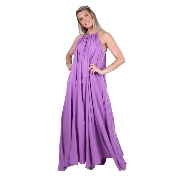 Platinum Φόρεμα Μώβ - Λιλά Γυναικείο Maxi Vintage Με Παρτούς Ώμους Σε Άλφα Γραμμή All Day Free Size - 62301-PER - Image 4